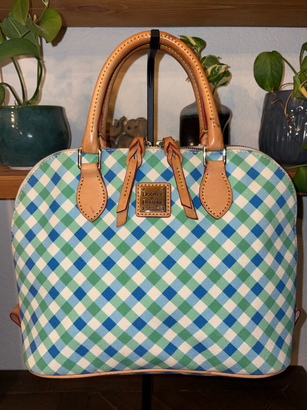 Dooney & Bourke Blue Green Gingham Coated Canvas Dome Satchel